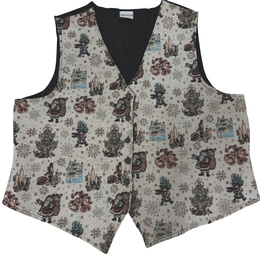 Womens Bobbie Brooks Vtg Christmas Tapestry Vest Metallic Santa Holiday XL 16-18